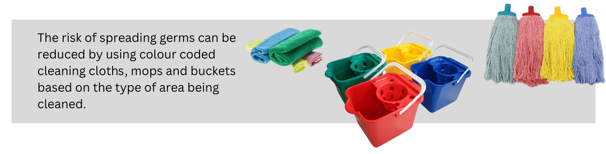 Colour-coded cleaning cloths, mop buckets and mop heads used to help reduce cross-contamination and support hygienic cleaning in commercial spaces.