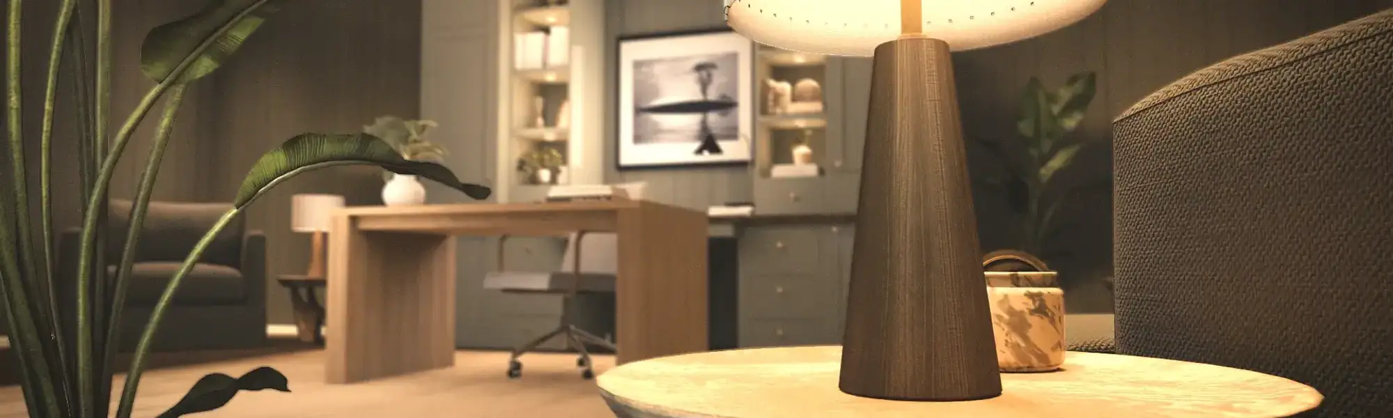 soft diffuse light in a warm and inviting office. Cinematic camera