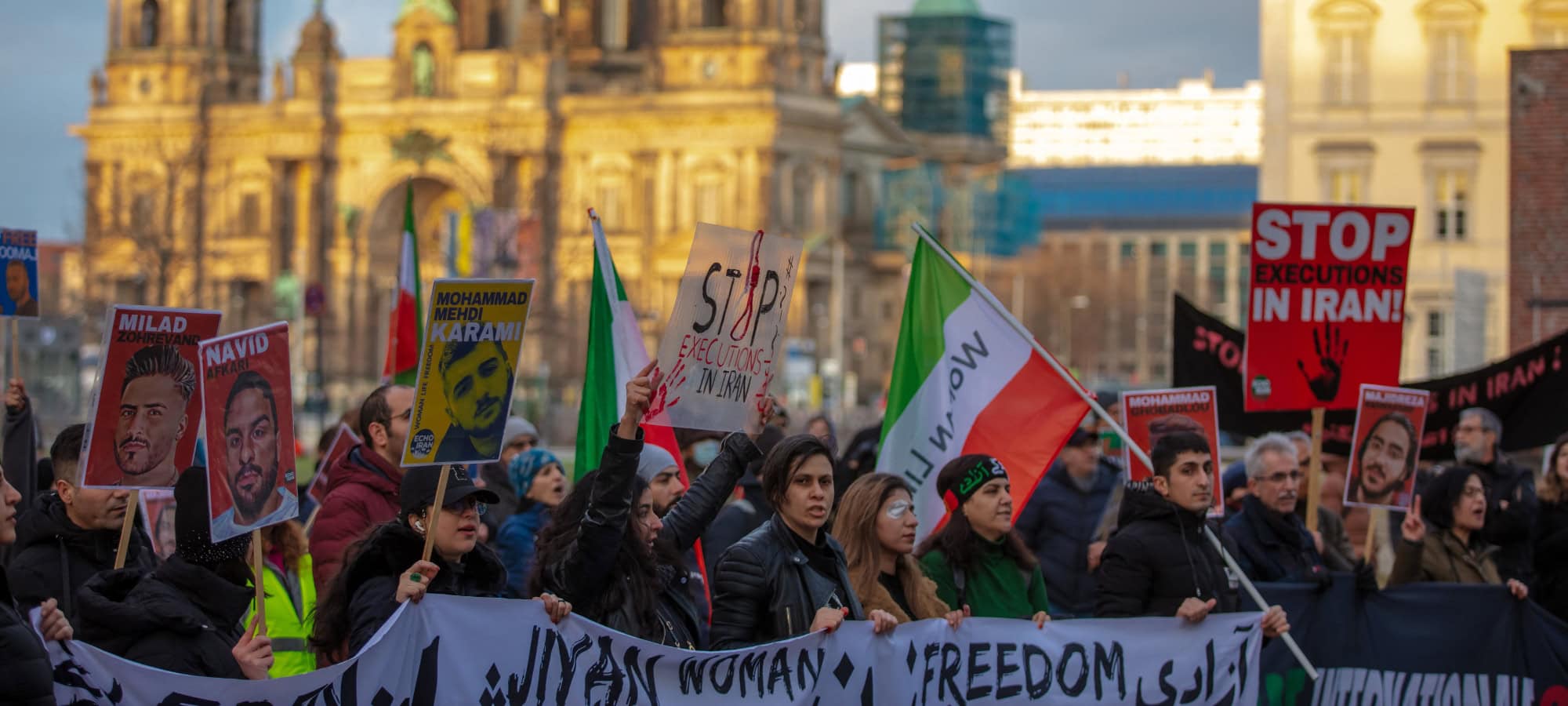 Iranian members of the diaspora, activists, gathered in front of the German Federal Foreign Office in Berlin during the 'United Against Executions in Iran' protest on January 27, 2024.