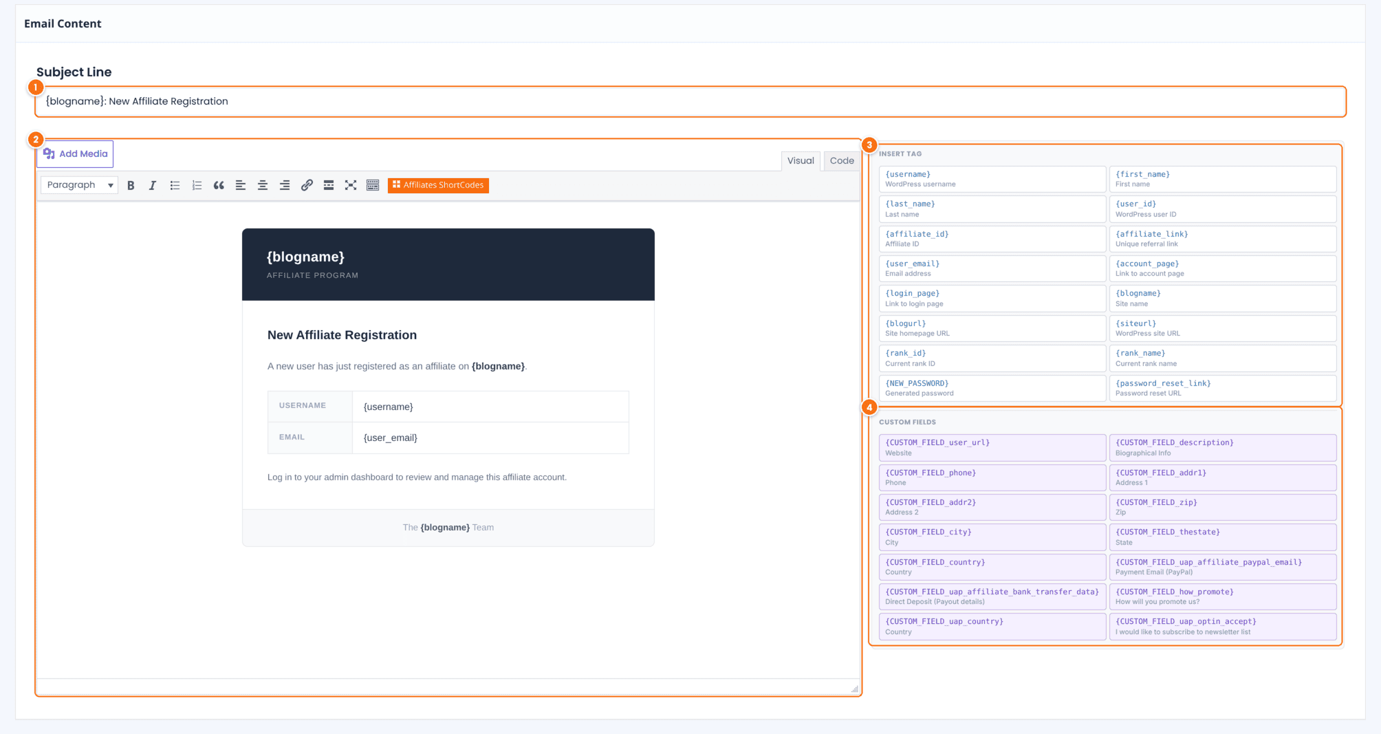 Email Content section of an Ultimate Affiliate Pro email notification with the Subject Line, the message editor and the Insert tag panel of affiliate email template tags, including the Custom fields tags
