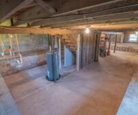 Empty basement with exposed beams and pipes, awaiting spring renovation in Kitchener, Ontario.