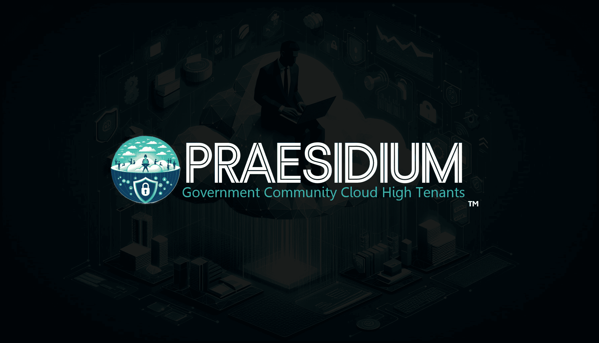 Praesidium logo featuring a secure shield icon with a padlock and a stylized illustration of professionals working in a cloud environment, symbolizing compliance and data protection.