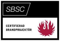 Certified brandmadprojektör logo with fire symbol and SBSC certification.