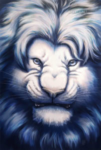 Snarling white lion with blue lighting.