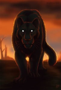 Puma silhouetted against sunset, eyes glowing.