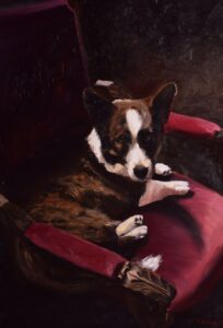 Hand-painted oil portrait of Patroclus, a Cardigan Welsh Corgi, created from a reference photo by Andrea Bocedi as part of his custom pet portrait commissions.