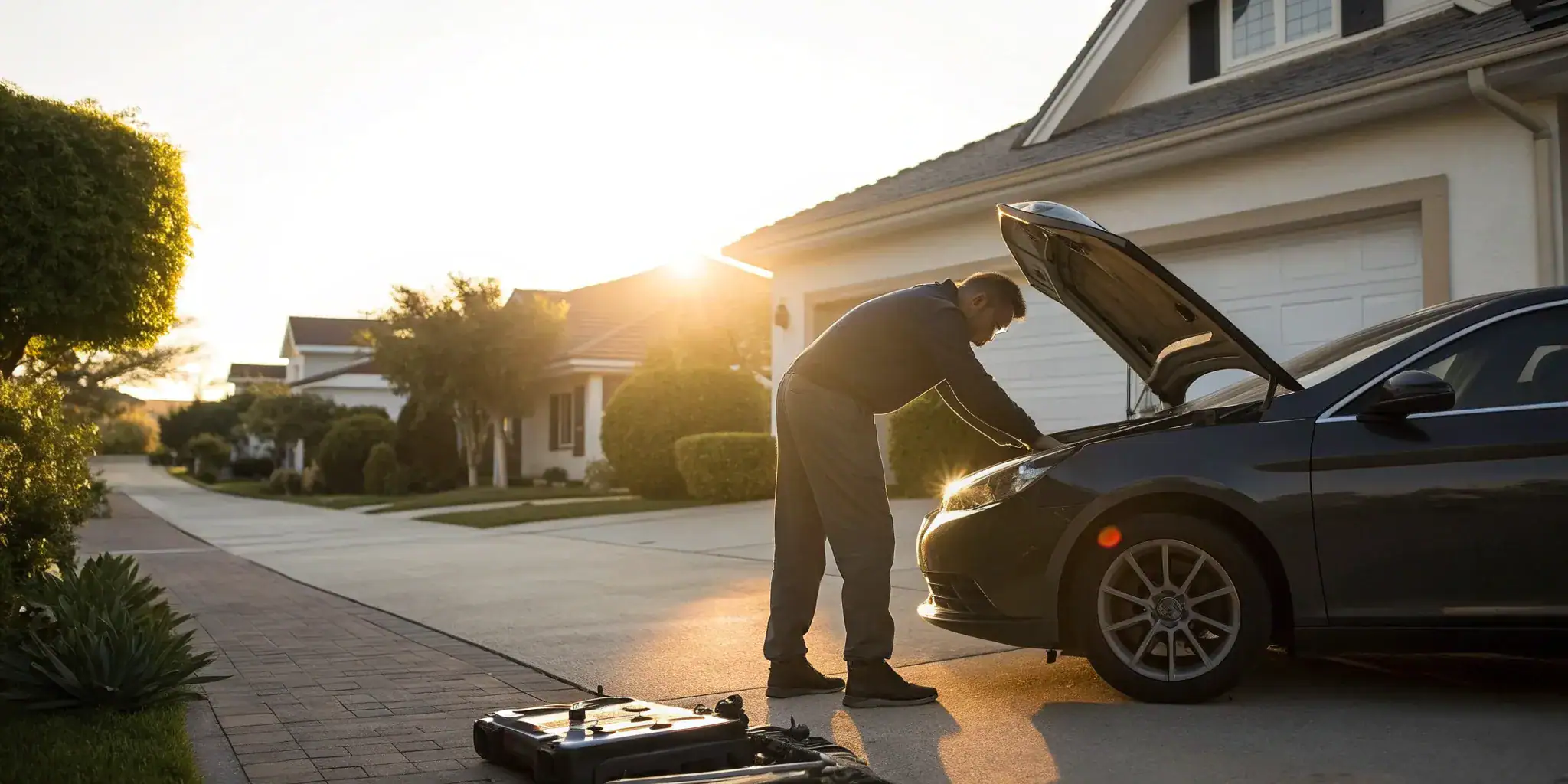Mobile vehicle inspection with open hood.