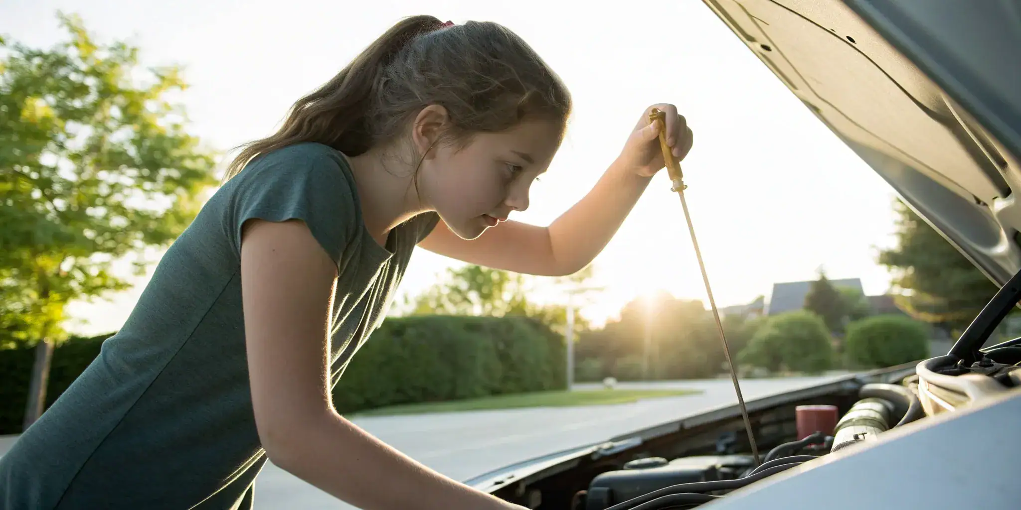 Teen driver checking oil level.