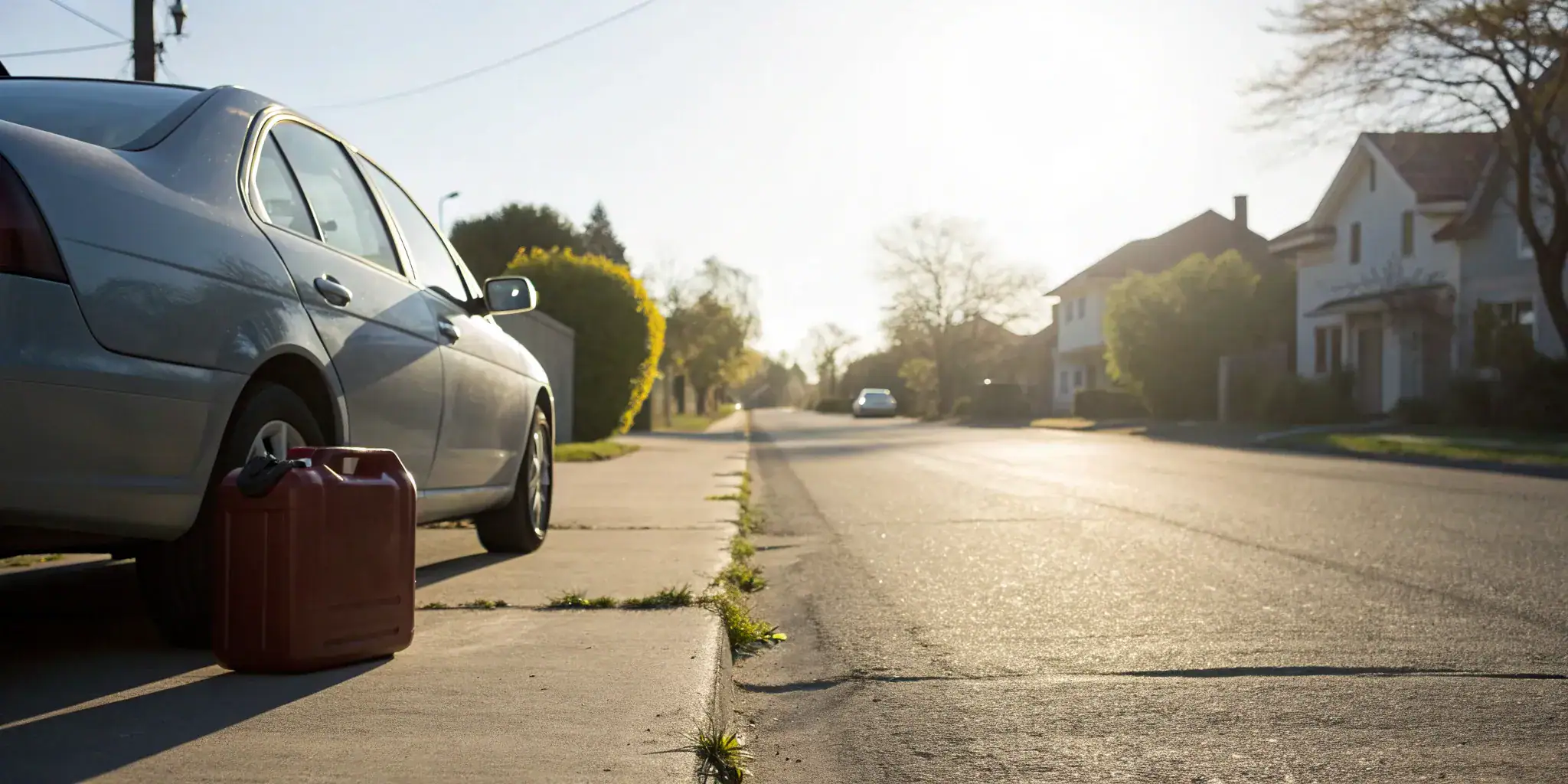 A car with an empty fuel can on the side of the road needs an emergency fuel delivery.