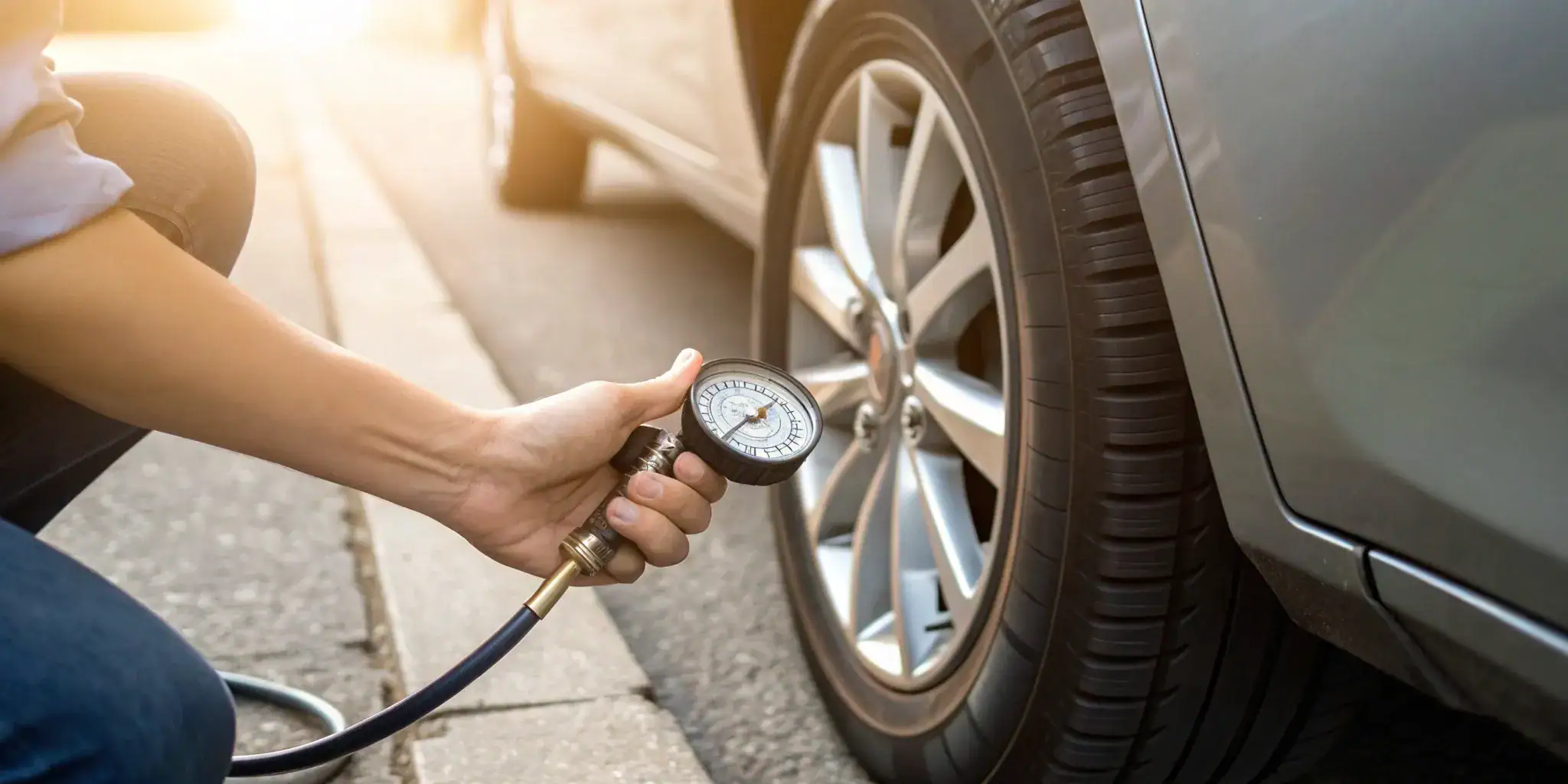 A person performs a tire pressure check on a car with a gauge.