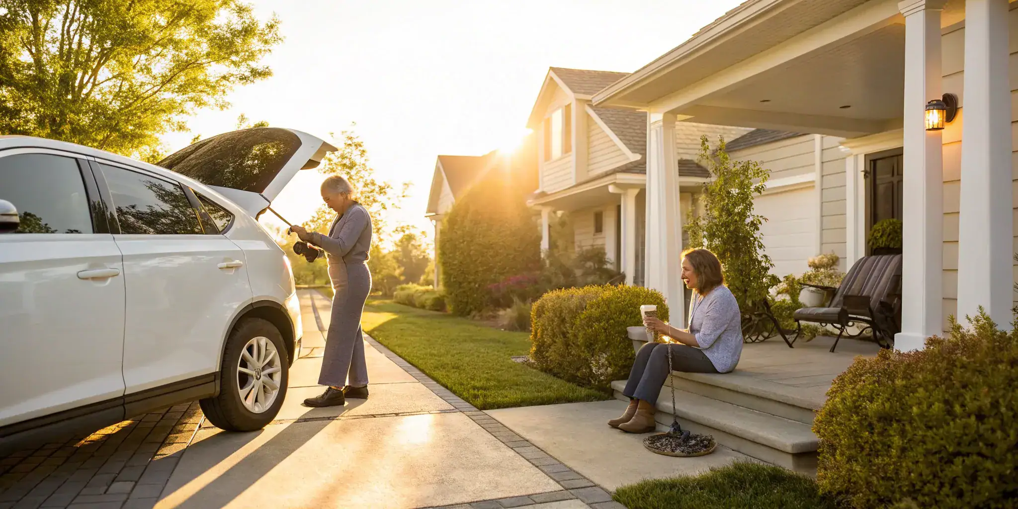 Two women with their white car, part of a convenient car service subscription.