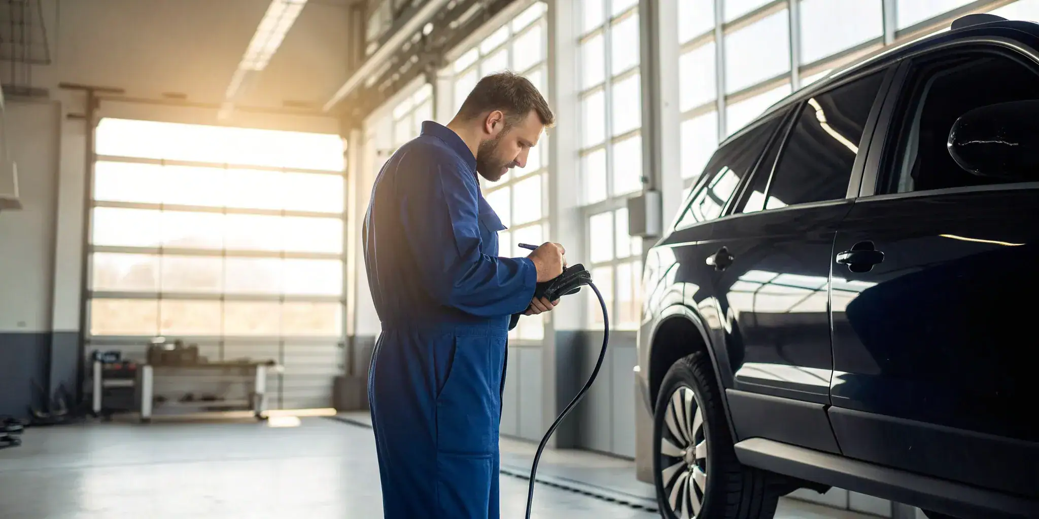 Mechanic performing a pre purchase inspection on a used car in Las Vegas.