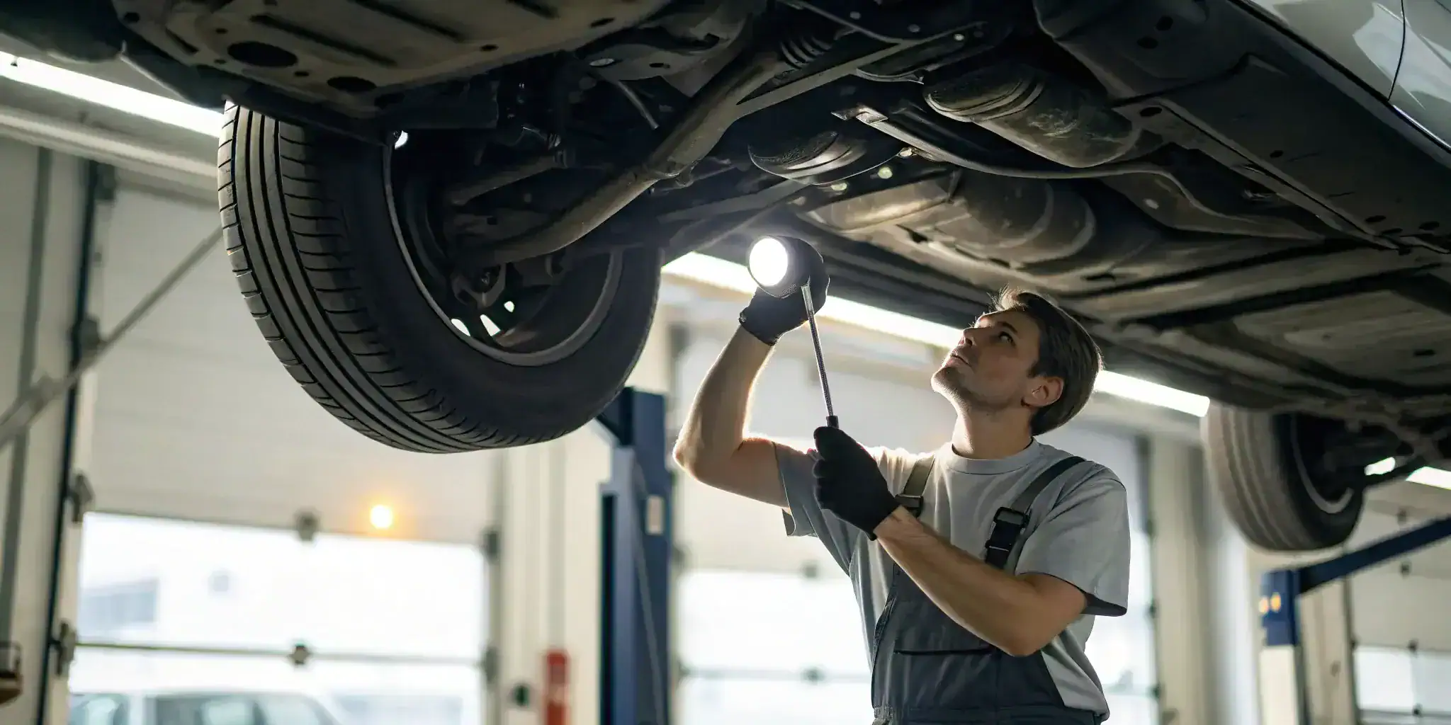 Mechanic performing a vehicle undercarriage inspection on a car lift.