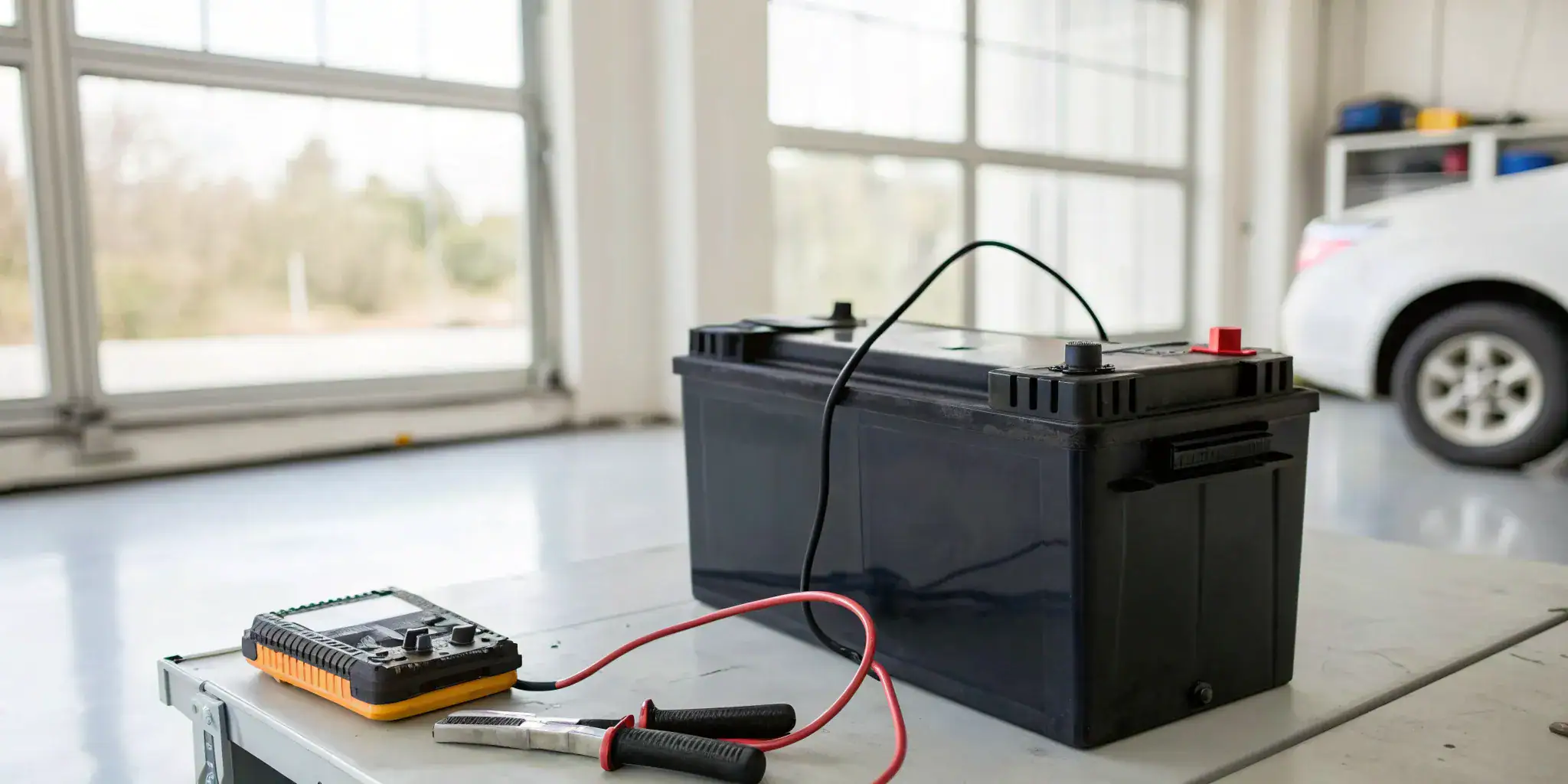 A car battery test using a multimeter to check the voltage.