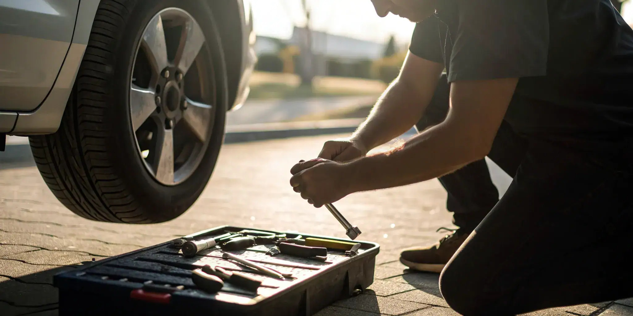 A mechanic performing a DIY brake pad replacement on a car with tools.