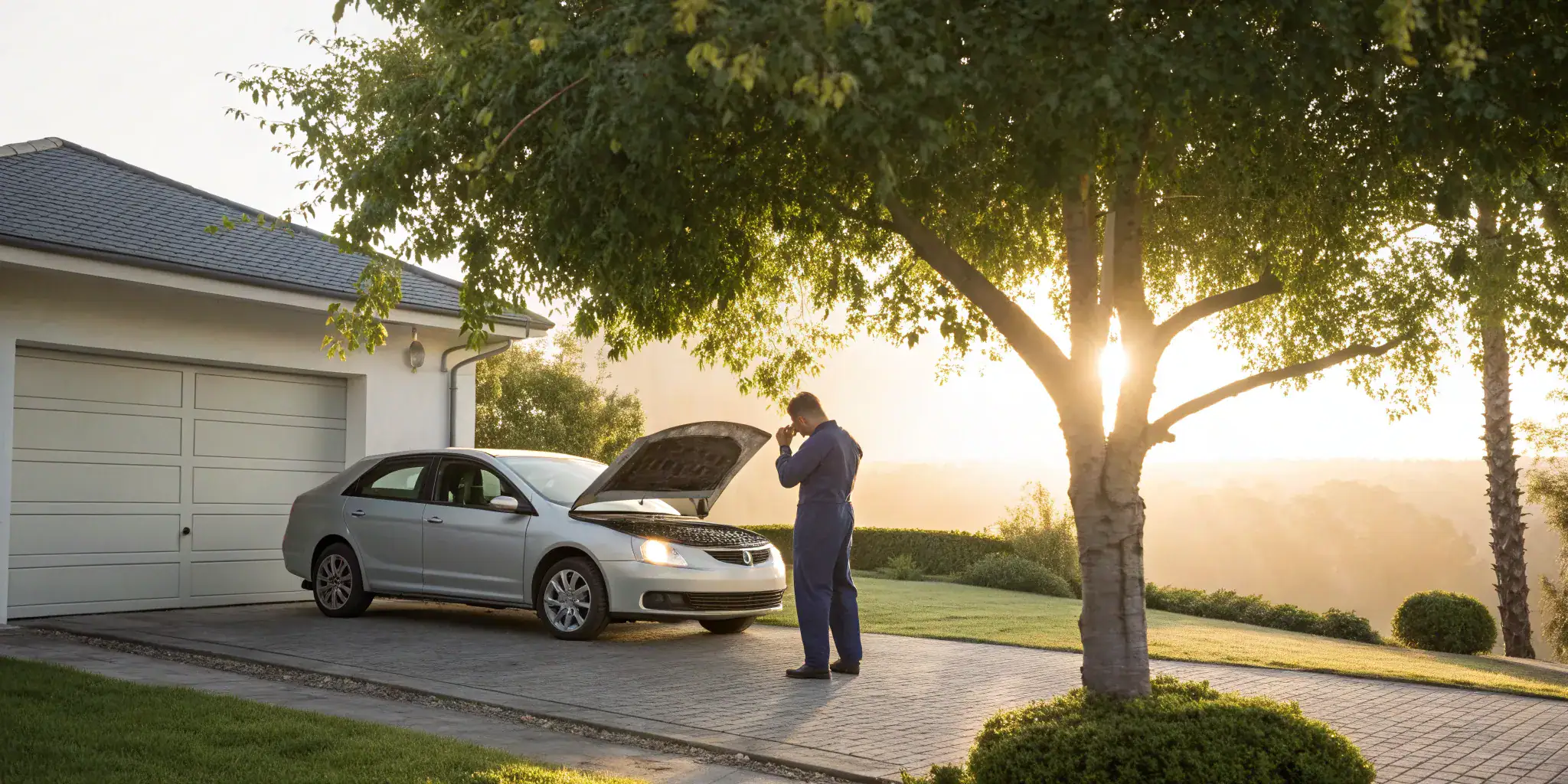 Mechanic performing a multi-point car wellness check on a vehicle with its hood open.