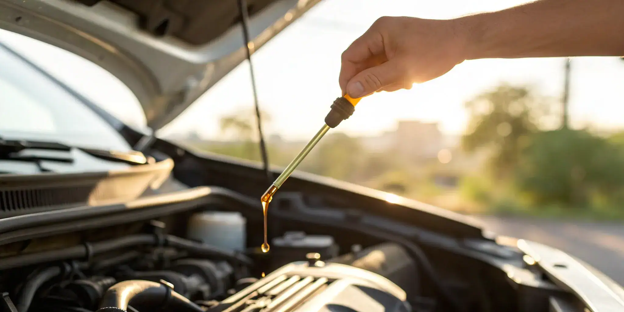 Checking a car's oil level with the engine dipstick.