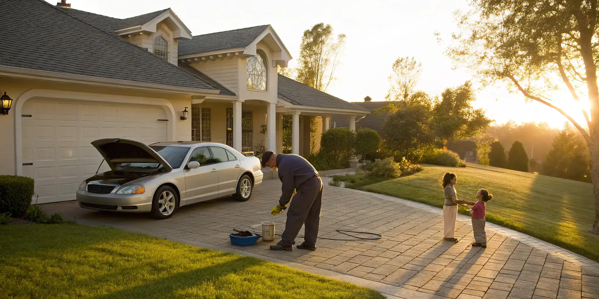 Mobile oil change technician servicing a car in a home driveway.