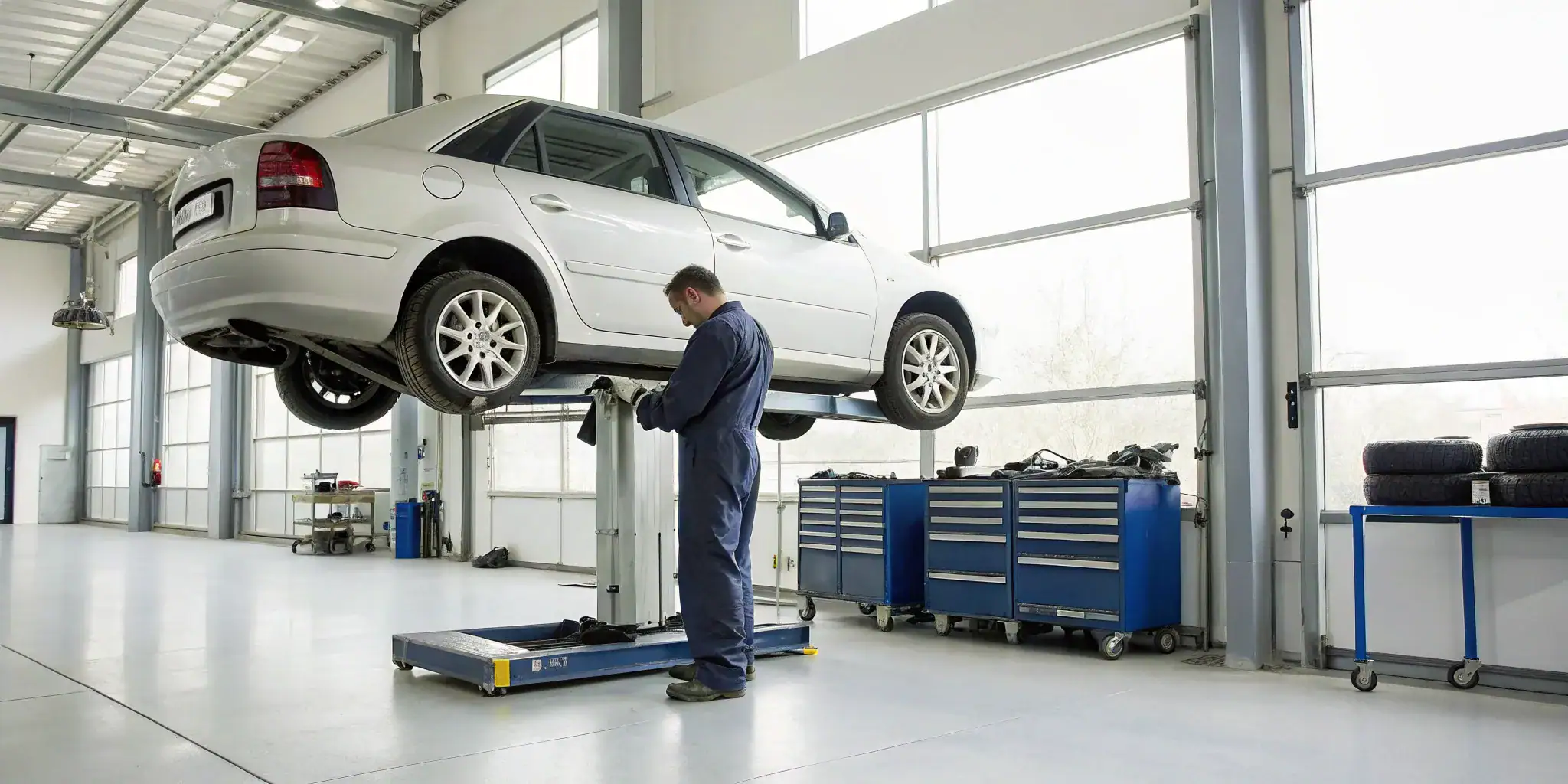 Mechanic performing a wheel alignment check on a vehicle on a lift.