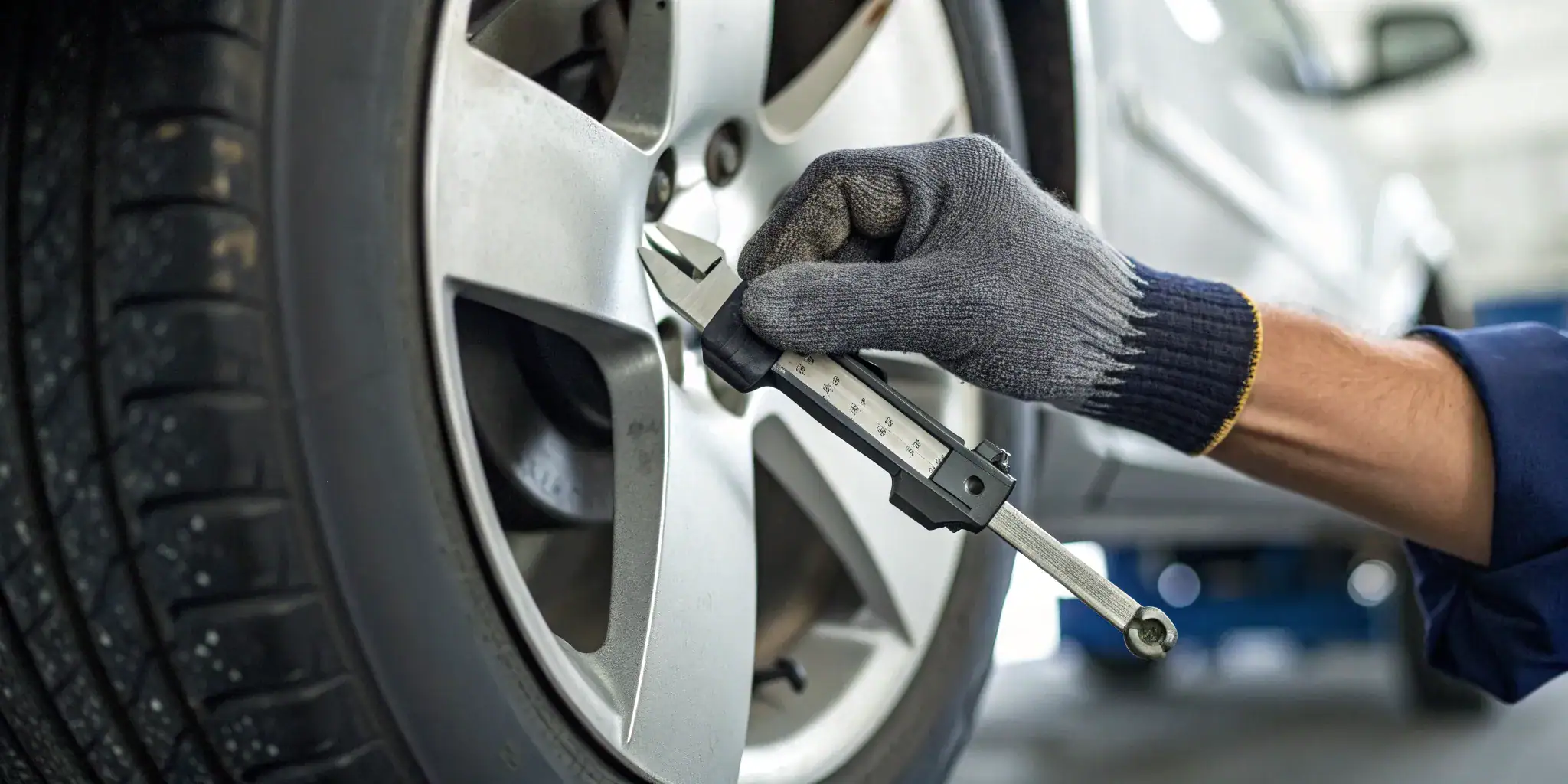 Mechanic measuring brake pad thickness with a caliper tool.