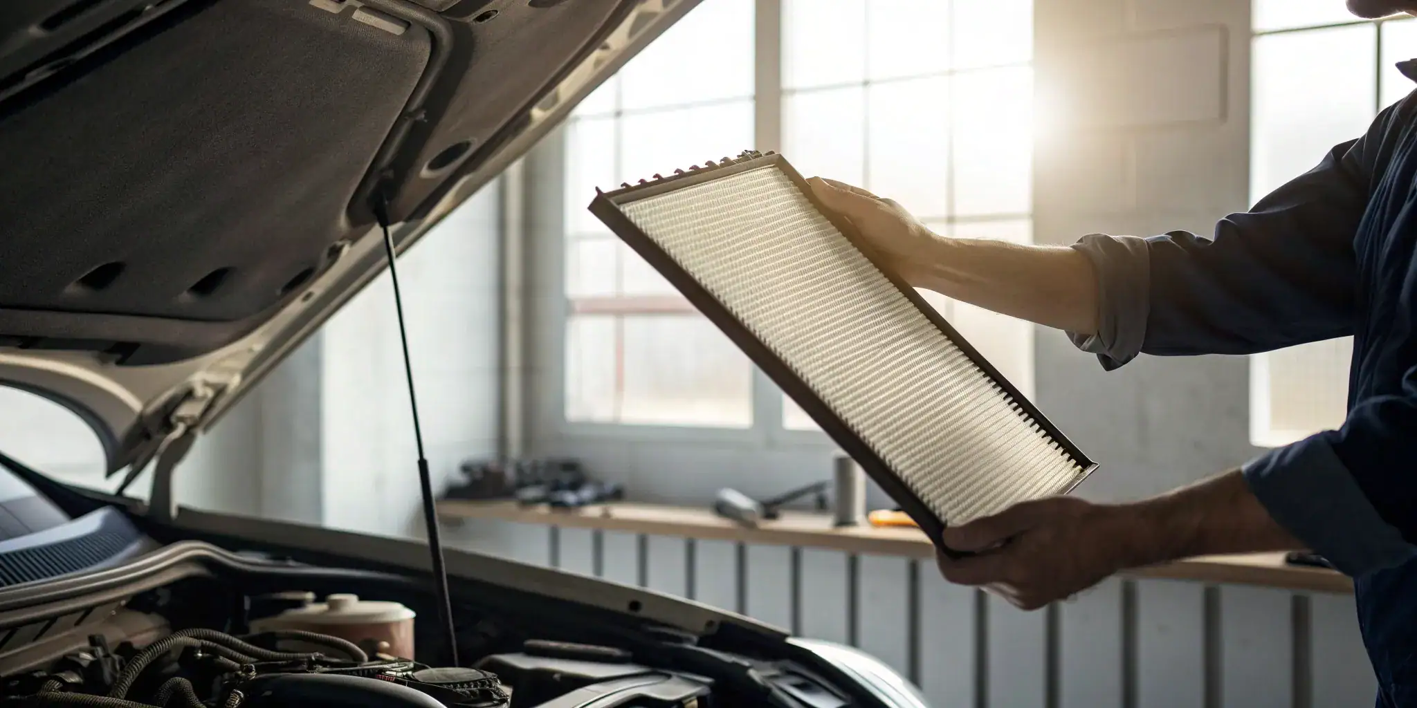 Mechanic inspects an engine air filter to determine the replacement price.