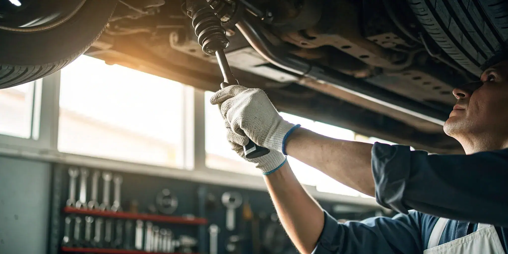 Mechanic performing a detailed suspension inspection on a car.