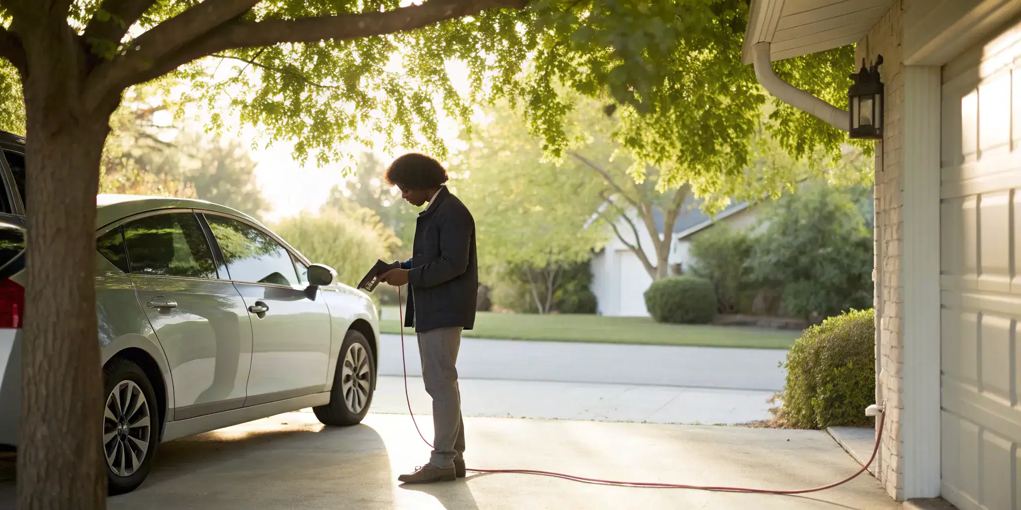 A person performs a charging system test on a car battery with a multimeter.