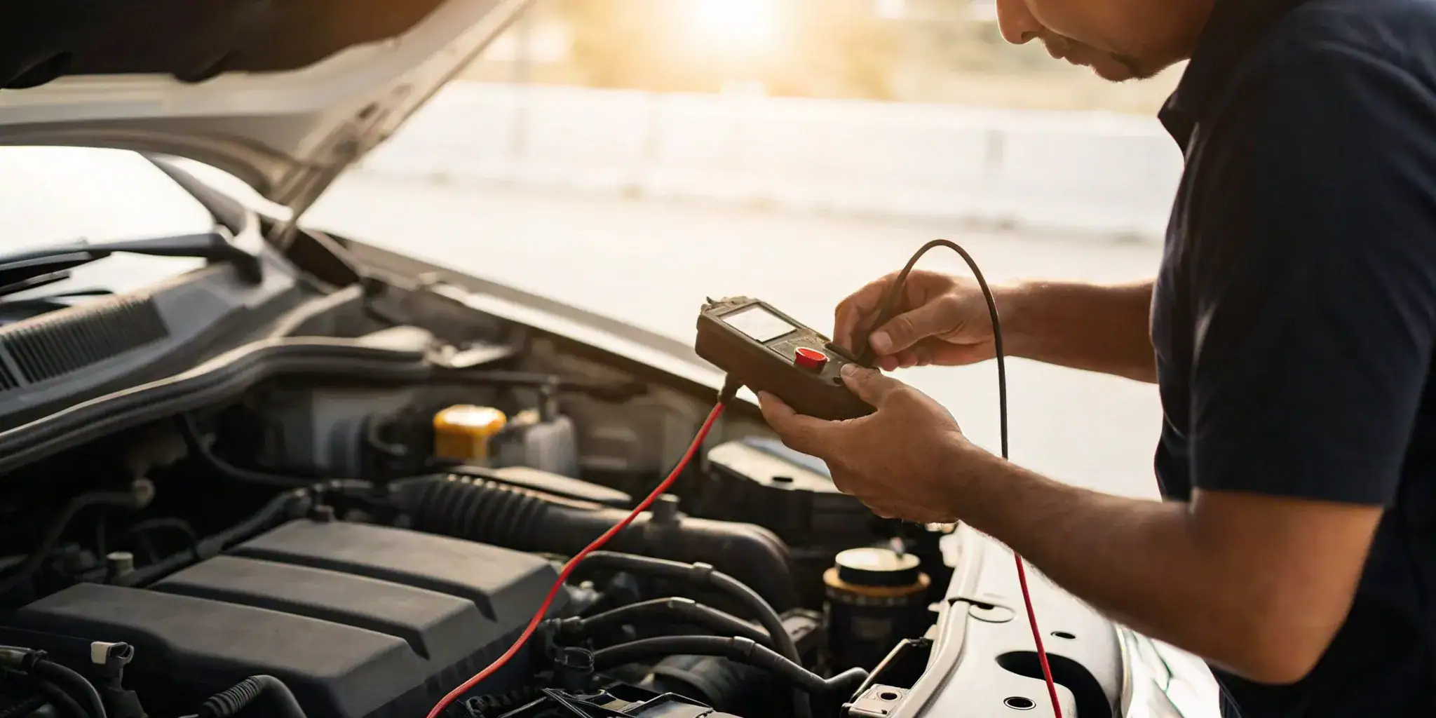 Performing a DIY alternator output test on a car engine with a multimeter.