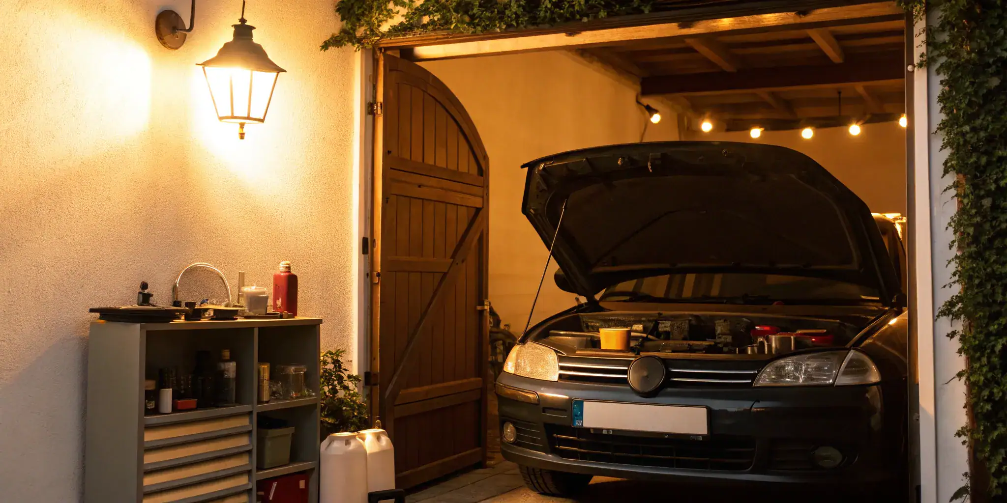 Car in a garage with its hood open for a coolant service.