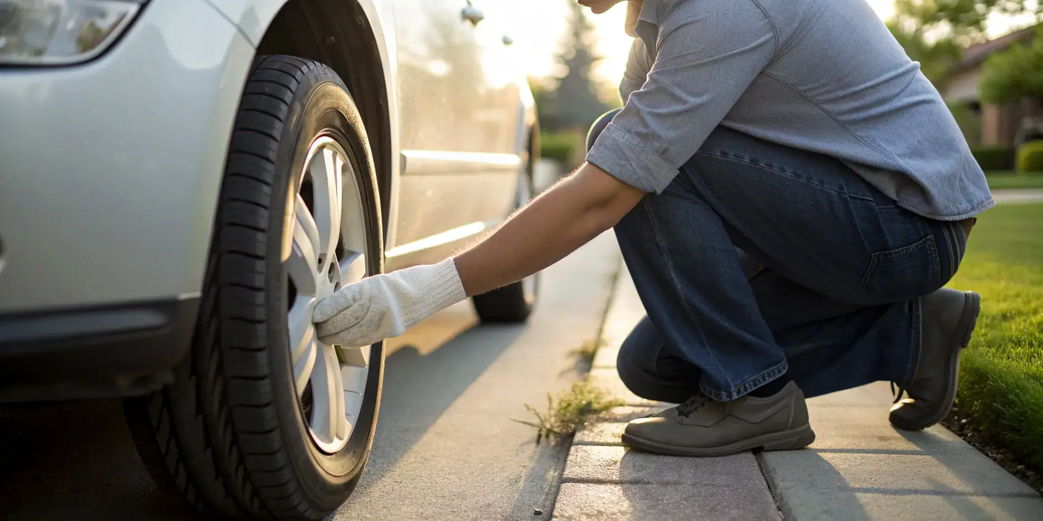 Hands checking a wheel bearing by rocking the car tire back and forth.