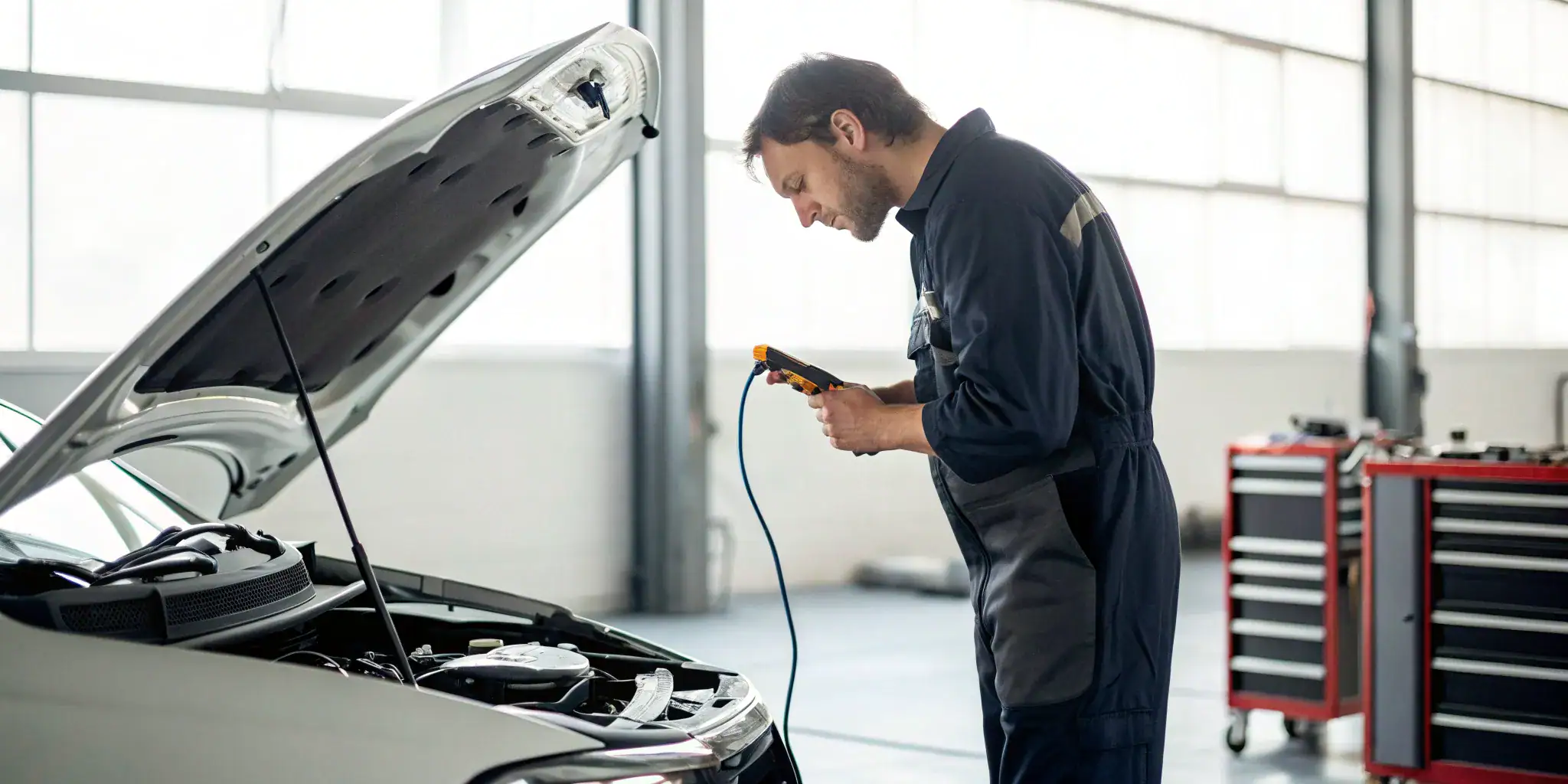 Performing a starter draw test on a car engine with a multimeter.