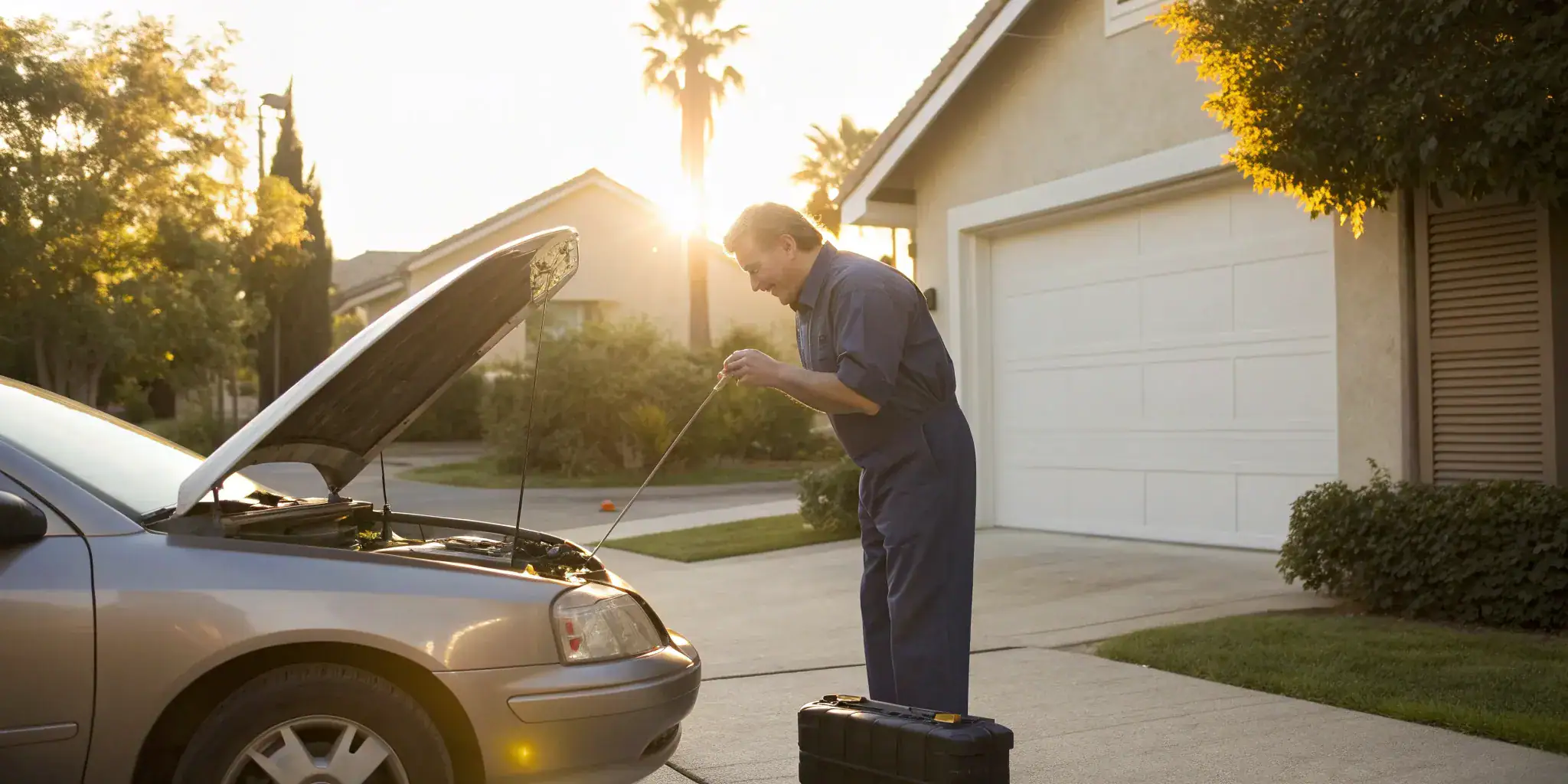 Mechanic performing an oil change service in a driveway.