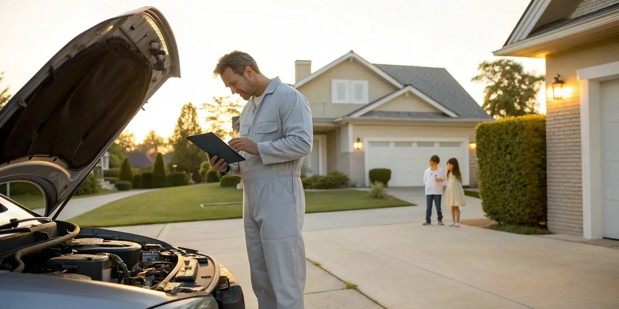 A mechanic calculates the pre-purchase inspection cost for a car on a tablet.