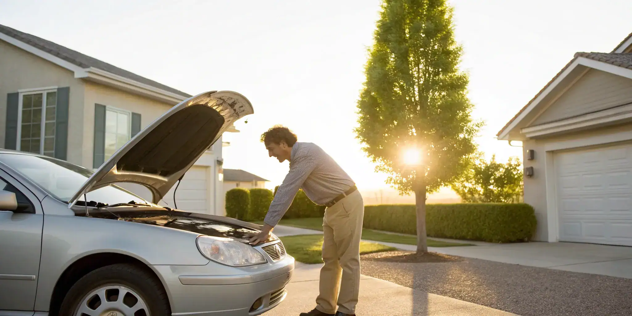 Man checking his car's oil after getting an oil change reminder.