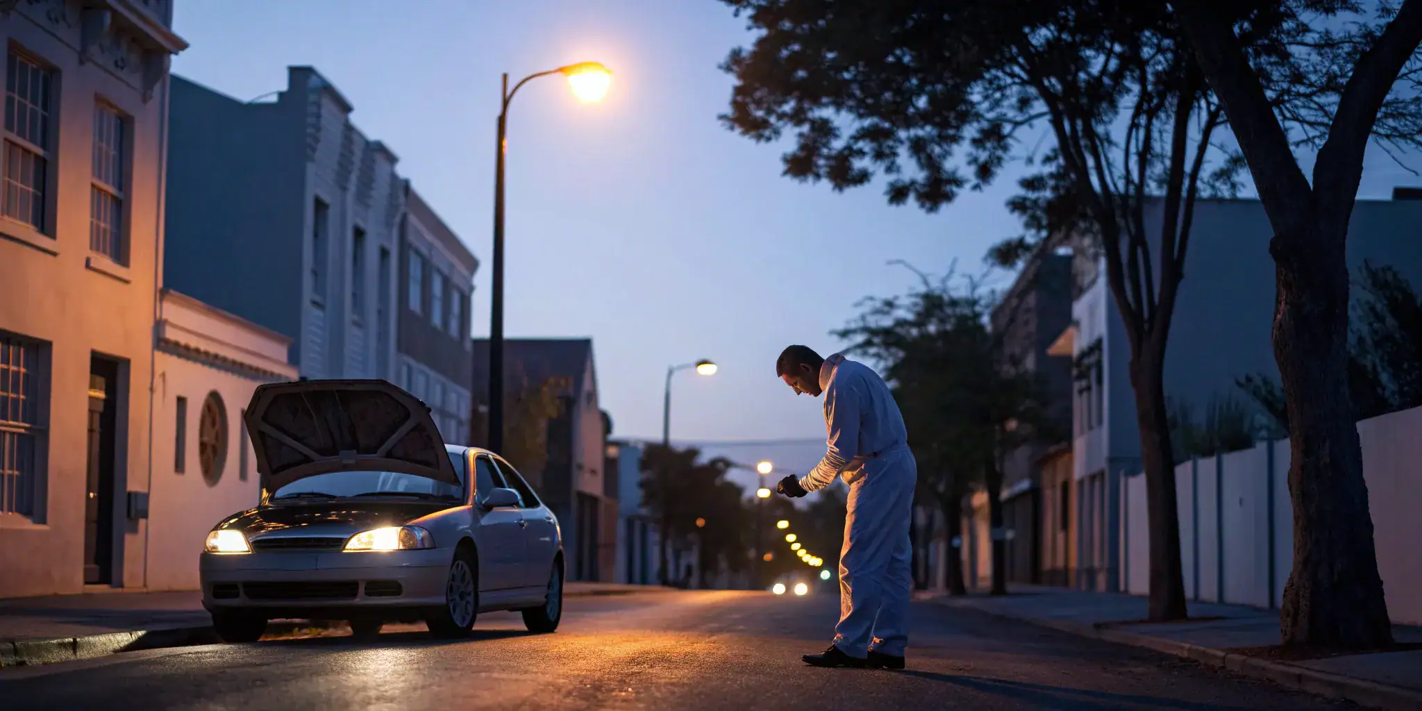 Man checking his car engine at night, in need of a reliable after hours mechanic.