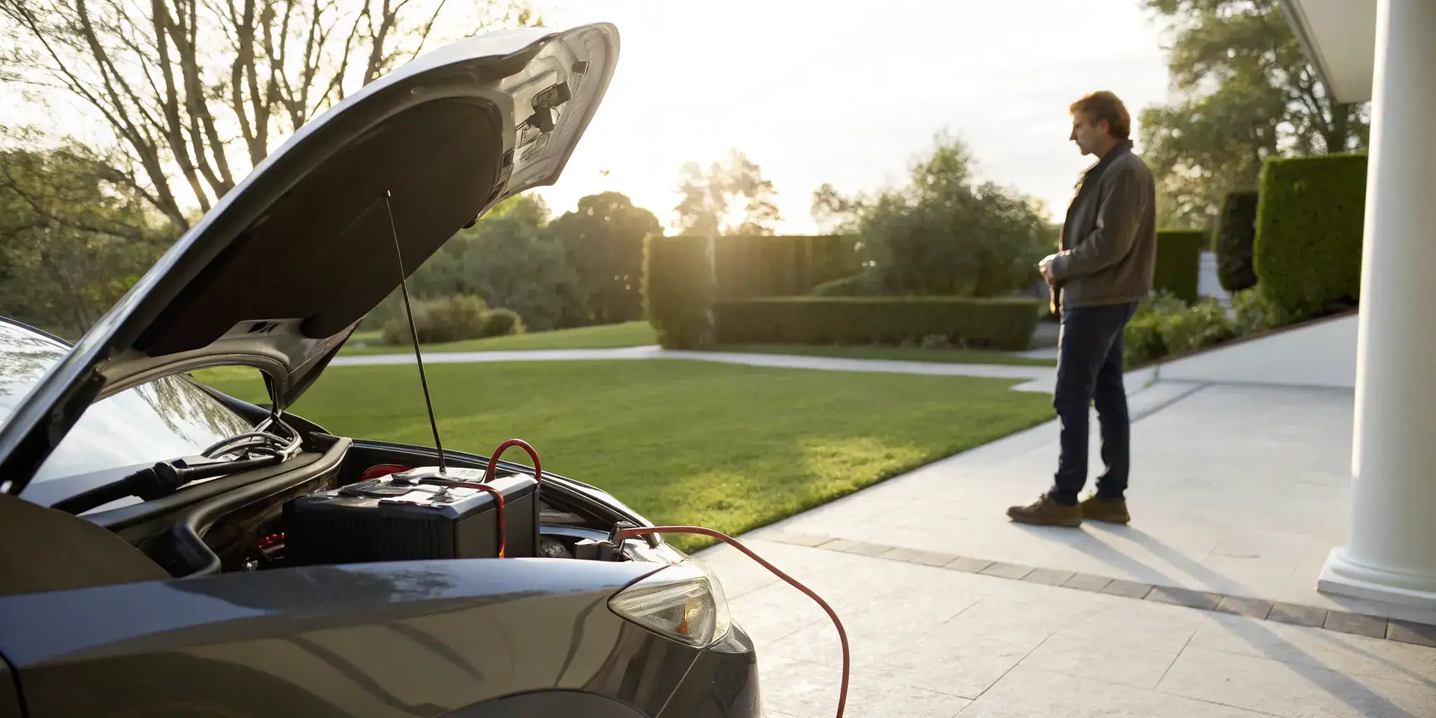 Man with jumper cables on a car battery weighing the cost of a jump start.
