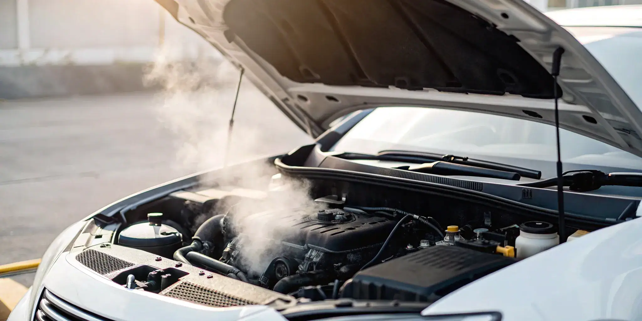 Steam rises from an open car engine, a clear sign to check for overheating.
