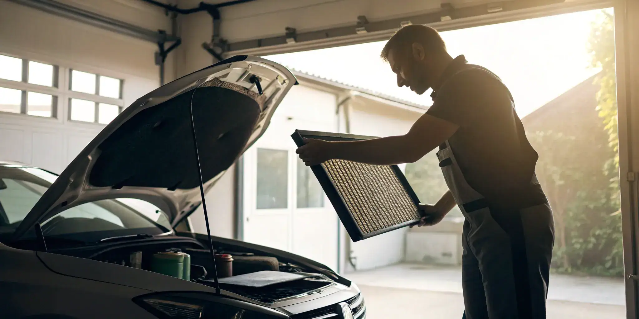 A man holds a dirty car air filter, a clear sign of when to change your filter.