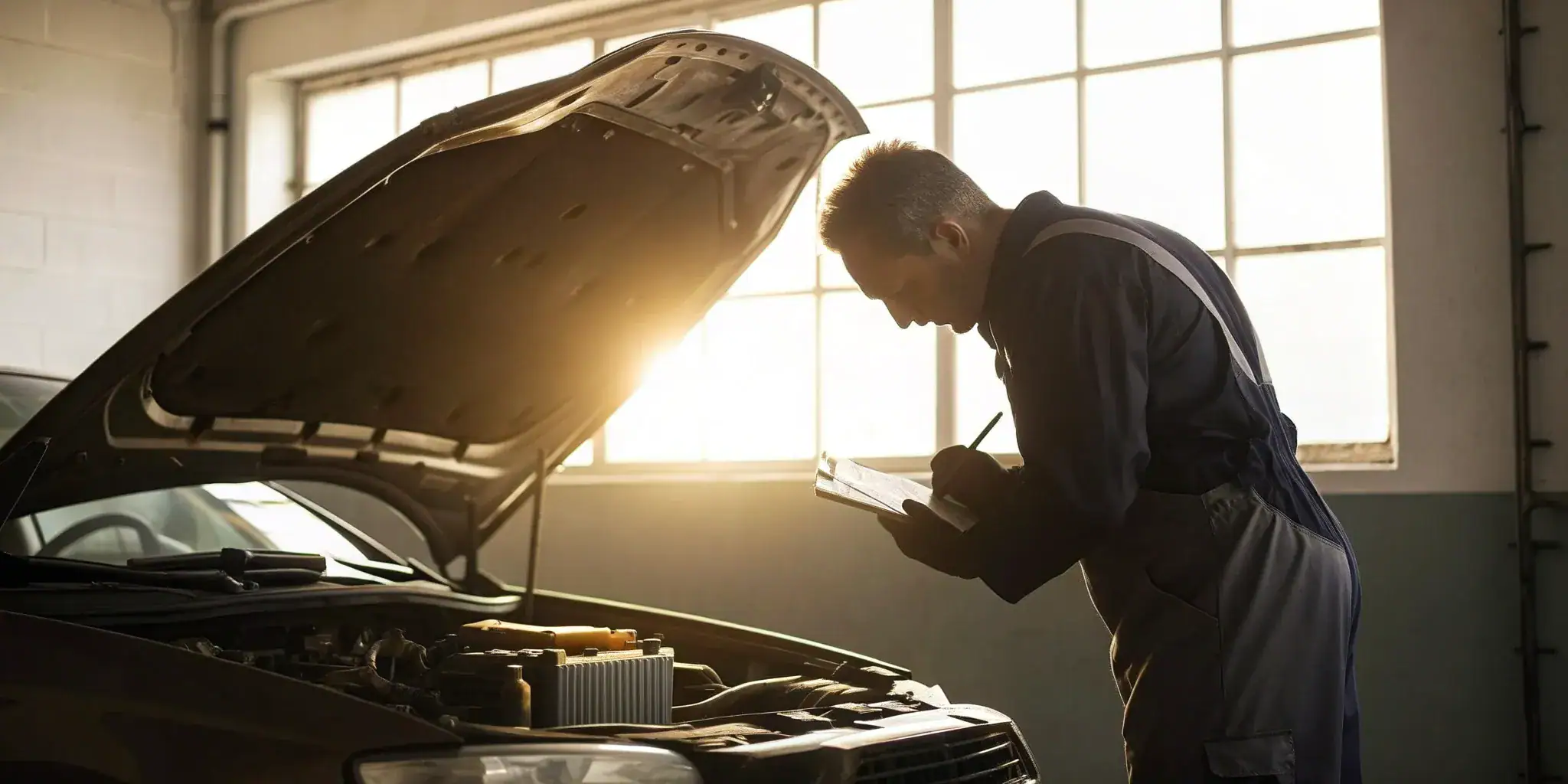 Mechanic performing a 150 point inspection on a used car with a checklist.