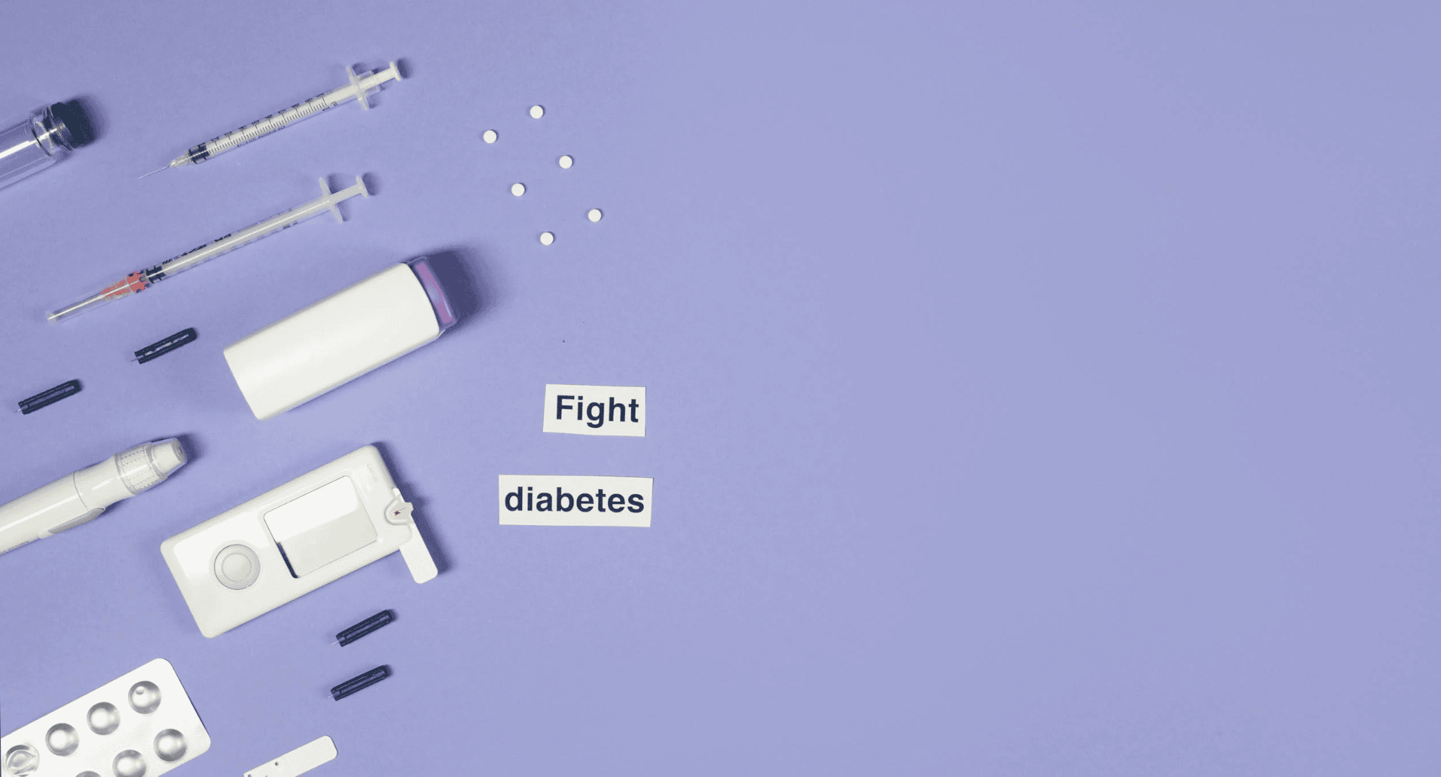 Diabetes supplies on a purple background with "Fight diabetes" text.