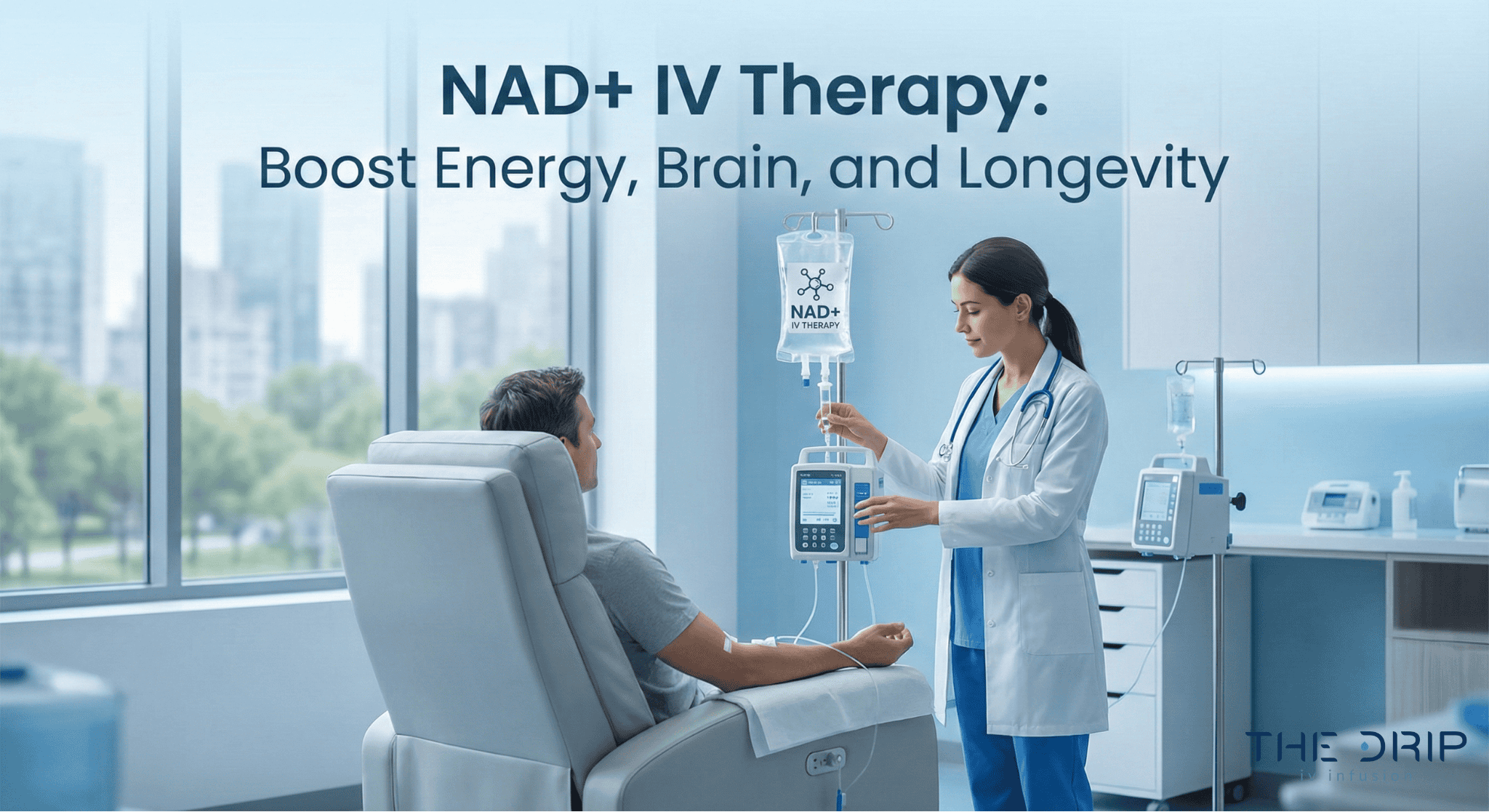 Person receiving NAD+ IV therapy in a modern clinic with a nurse monitoring the infusion.