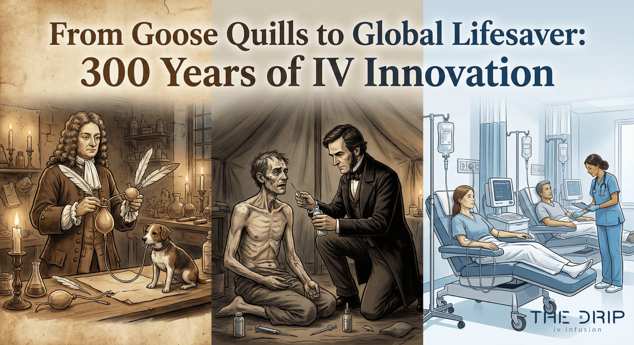 Historical to modern visual timeline showing IV therapy evolution from animal tests to clinical application.