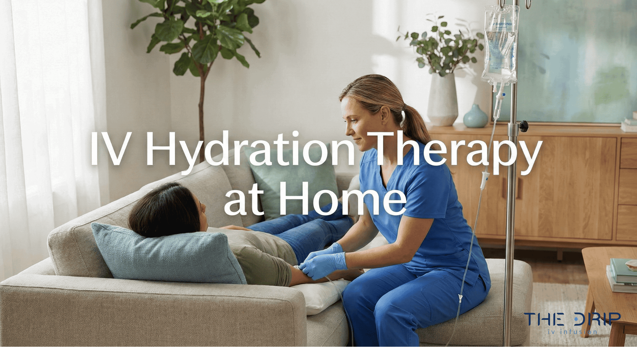 Nurse administering IV therapy to a patient at home on a couch in a calm, modern setting.
