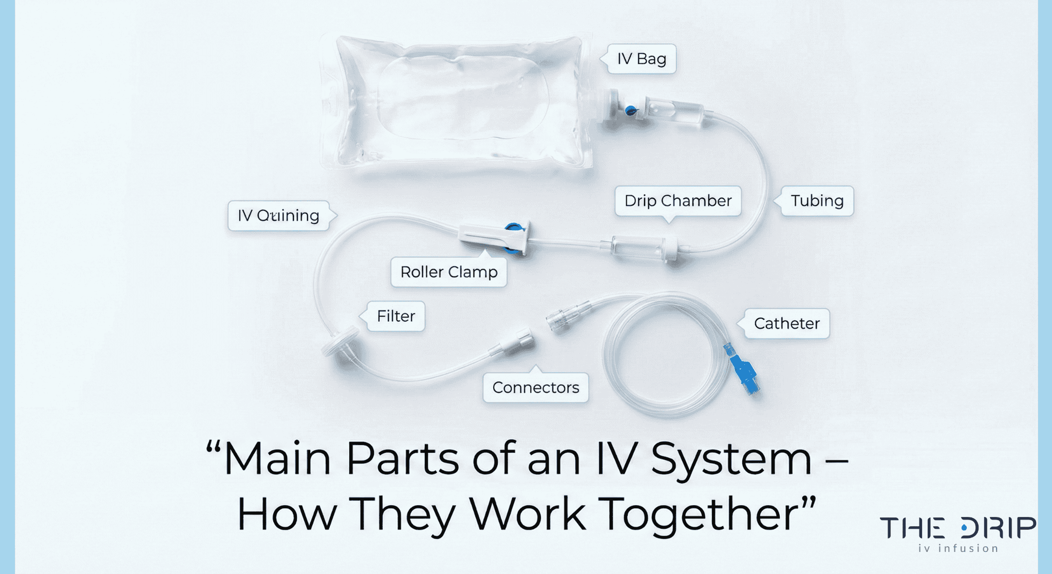 Labeled visual overview of IV system components including tubing, catheter, and IV bag.