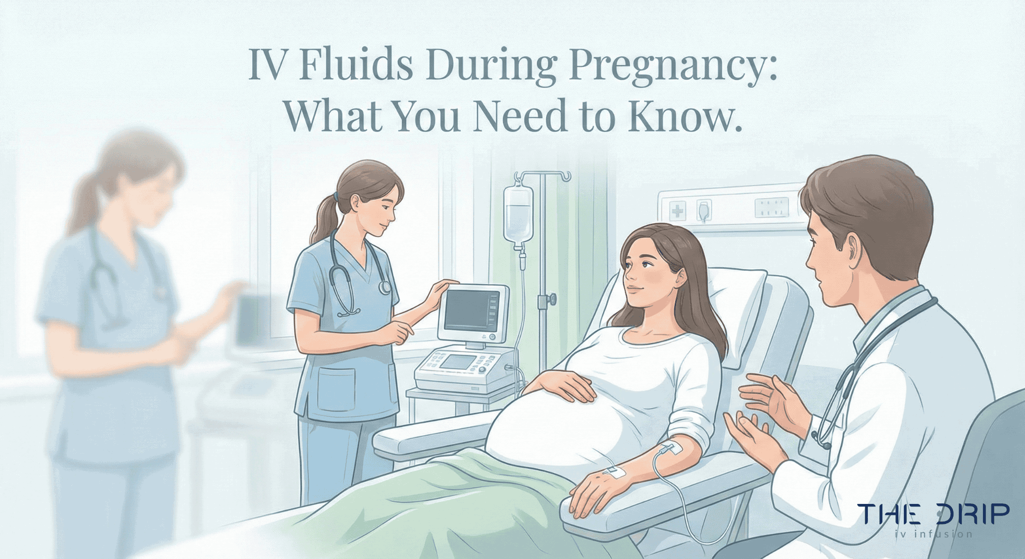 Pregnant woman receiving IV fluids in a calm medical setting with a nurse present.