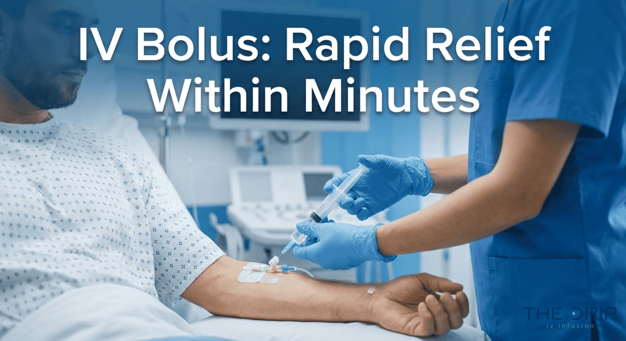 Nurse administering IV bolus injection into a patient's arm in a hospital setting.