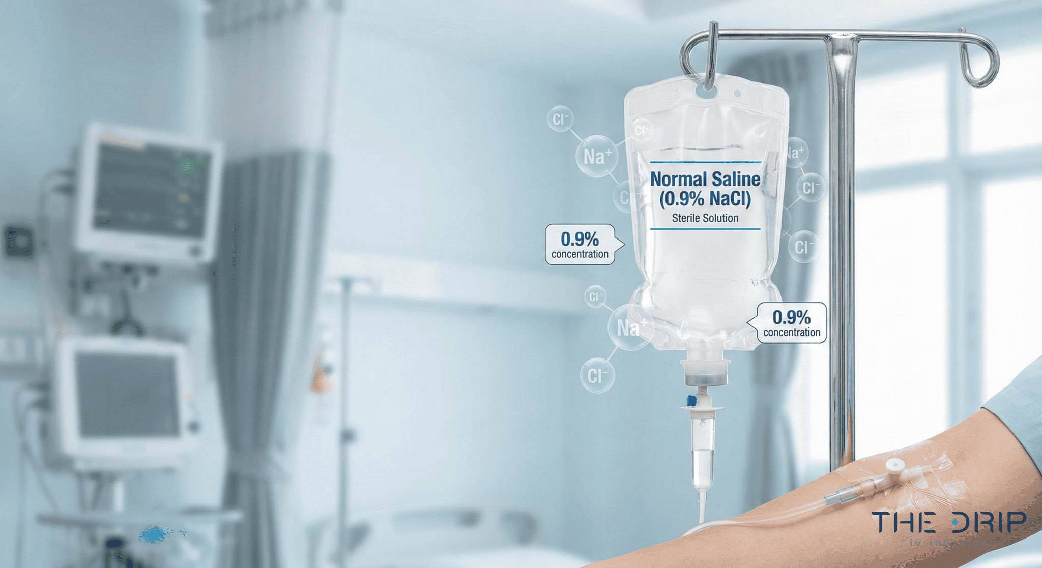Transparent Normal Saline IV bag connected to patient in modern clinical setting