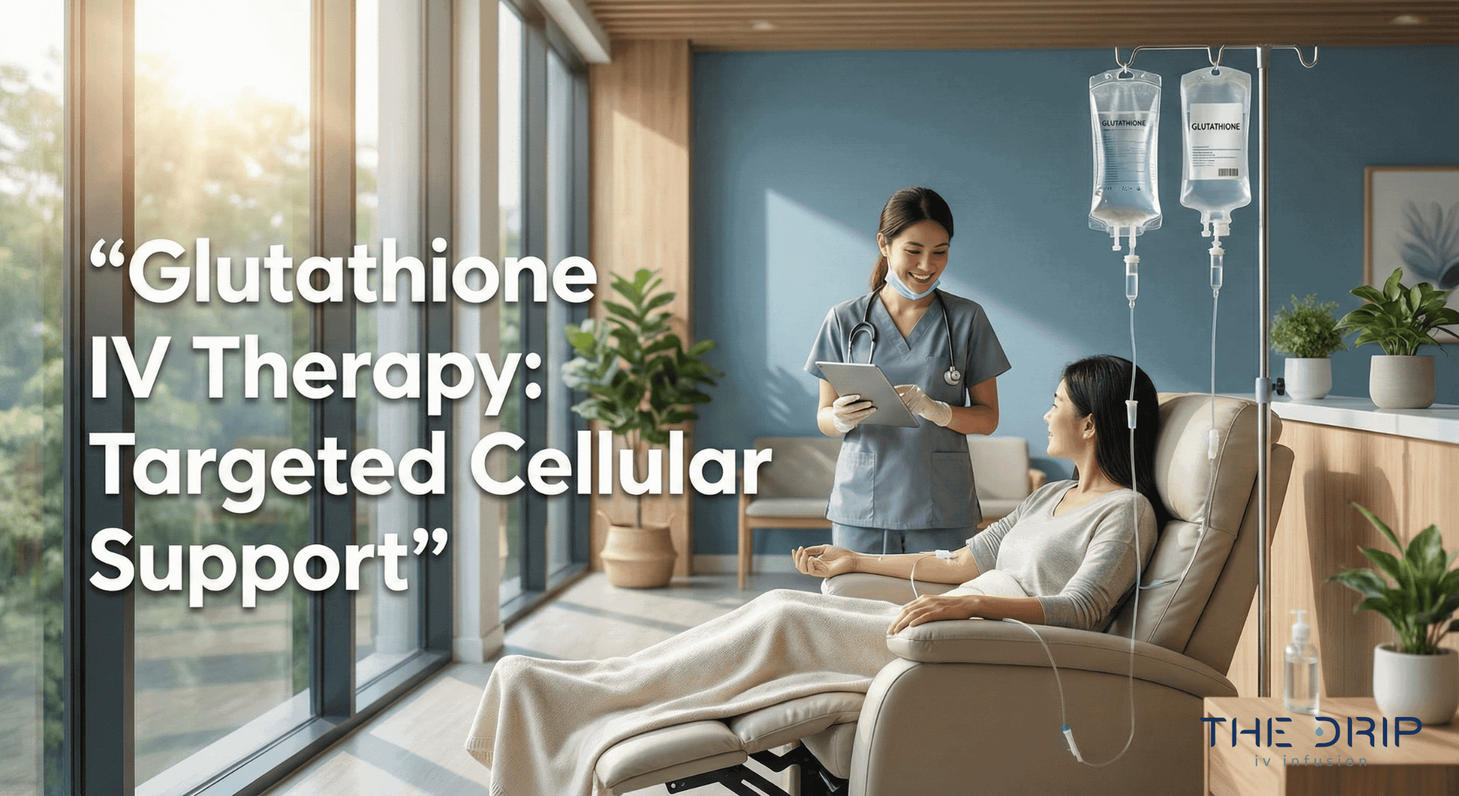 Person receiving glutathione IV infusion in a wellness clinic environment.