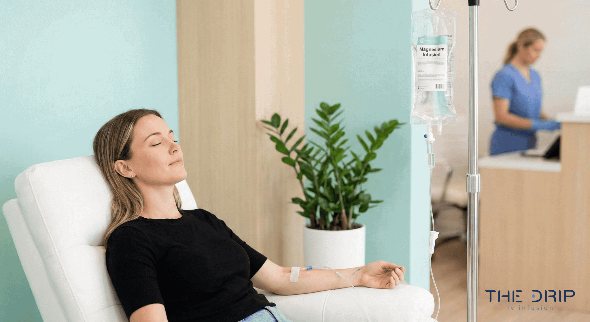 Person receiving magnesium IV therapy in a calm, wellness-focused clinic setting.