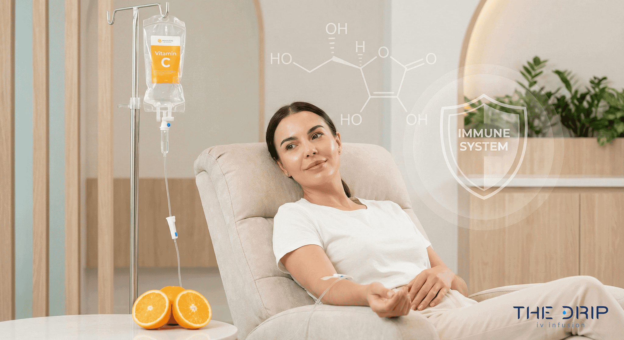 Person receiving Vitamin C IV therapy in a clinical wellness setting.
